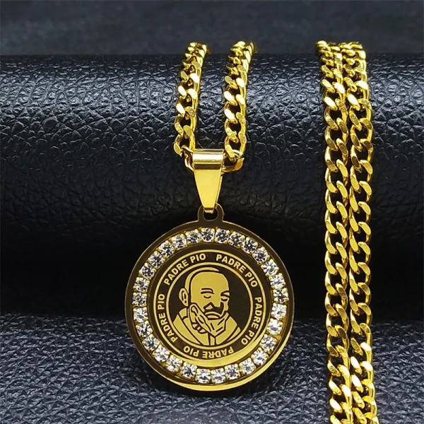 Mecrt Stainless Steel Zircon Father’s Day Geometric Circle Round Medal Pendant Necklaces 18K Gold Plated/Silver Ne