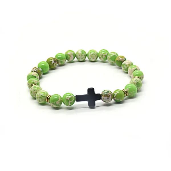 Religious Jewelry Natural Stone Cross Bracelet Stretch Semi-Precious Stone Bead Bracelet