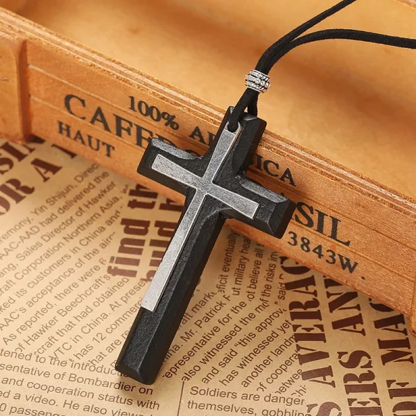 Vintage Handmade Double-layer Alloy Wood Cross Necklace for Women Men Long Pendant Sweater Chain Car Hanging N300