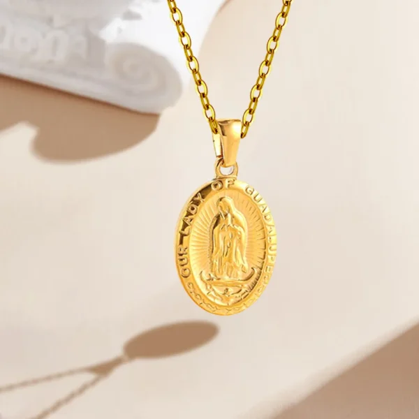 Our Lady of Guadalupe Pendant Necklace Stainless Steel Titanium with Diamond Link Chain for Daily Wear Anniversary