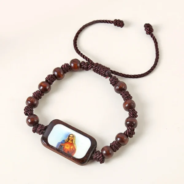 Catholic Wooden Bracelet Virgin Mary Dripping Oil Jewelry Jesus Holy Spirit St. Benedict Knotted Bracelet Jewelry Wholes