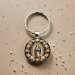 Our Lady of Guadalupe Round Glass Keychain Metal Flower Virgin Prayer Bag Decorative Pendant Gift Jewelry - Image 3