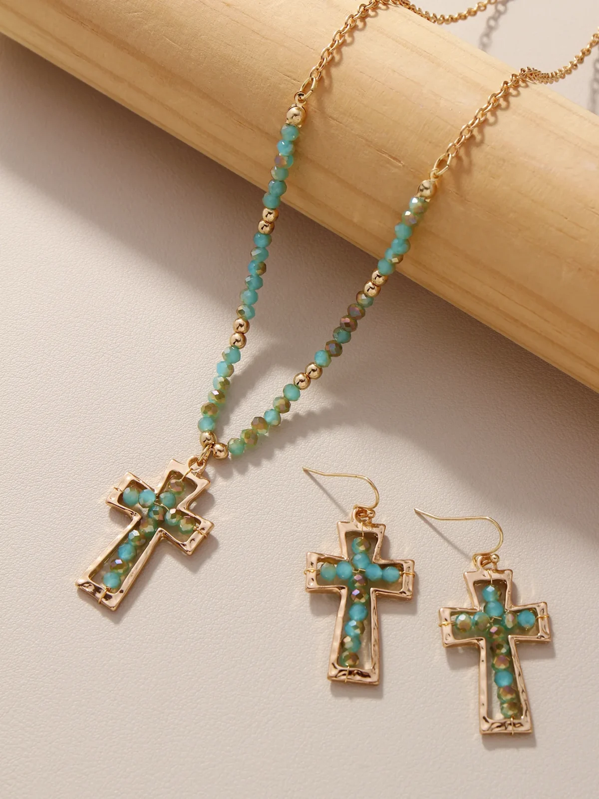 Trendy Teal Blue Glass Beaded Cross Necklace Earrings Set Stainless Steel Link Chain Gold Heart Shape Featuring Diamond Pearl - Image 6