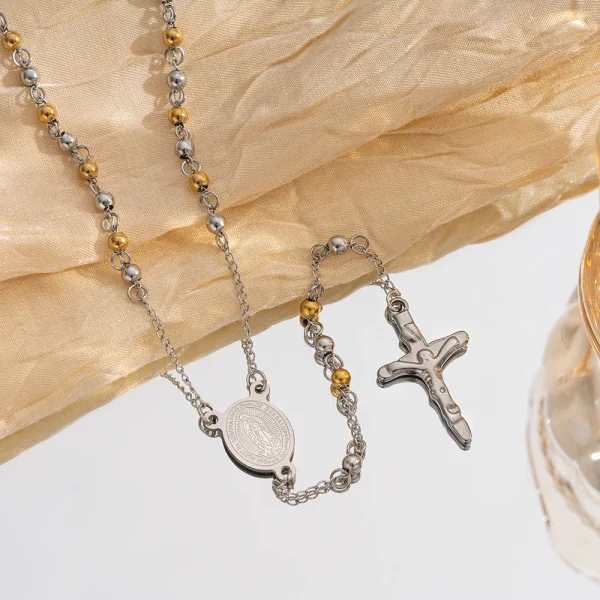 Wholesale Stainless Steel Rosary Retro Niche Personality Premium Oval Necklace Tassel Cross Pendant Catholic Prayer Bead
