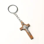 Wood Catholic Crucifix Keychain with Jesus INRI, Wooden Religious Cross Pendant Gift