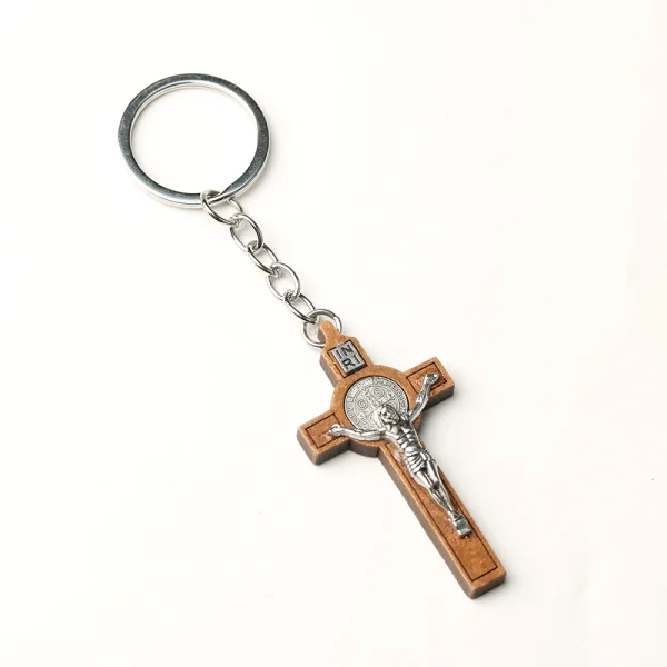 Wood Catholic Crucifix Keychain with Jesus INRI, Wooden Religious Cross Pendant Gift