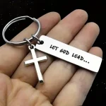 Wholesale Zinc Alloy Cross Keychain Engraved LET GOD LEAD Religious Bag Charm - Image 2
