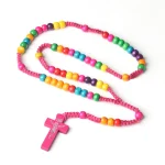 Catholic Colorful Wood Rosary Necklace Religious Jesus Pendant Beads Religious Jewelry Wholesale - Image 2