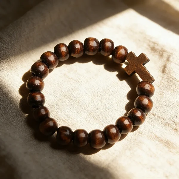 New natural wooden bead cross bracelet, brown wooden cross pendant, retro rosary bracelet.