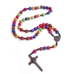 Hand Woven Catholic Rosary Wholesale, 10mm Multi-Color Rose Plastic Beads Religious Prayer Necklace with Saint Benedict Cross