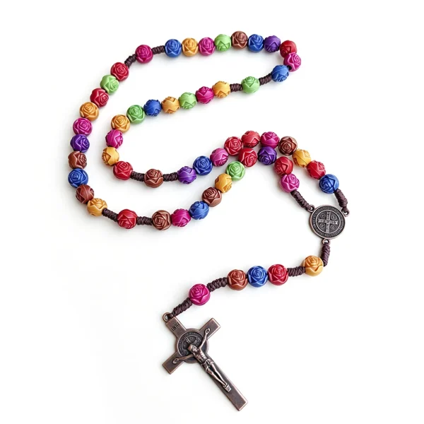 Hand Woven Catholic Rosary Wholesale, 10mm Multi-Color Rose Plastic Beads Religious Prayer Necklace with Saint Benedict 