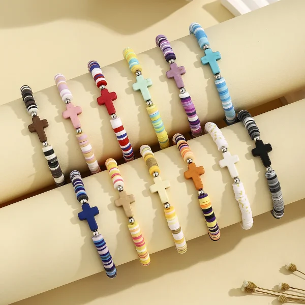 Wholesale Bohemian Turquoise Cross Beaded Stretch Bracelet Acrylic Resin Lucite Elastic Adjustable Unisex