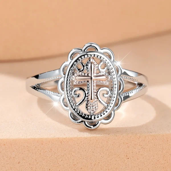 Retro copper silver cross hollow lace ring simple personality exaggerated platinum bottom ring