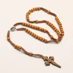 Catholic Cord Rosary, Wooden Beads Rosary Celtic Cross 5 Decade Prayer Rosary Cord Christian Religious Celtic Wooden Cross Rosary