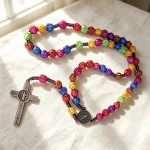 Hand Woven Catholic Rosary Wholesale, 10mm Multi-Color Rose Plastic Beads Religious Prayer Necklace with Saint Benedict Cross - Image 3
