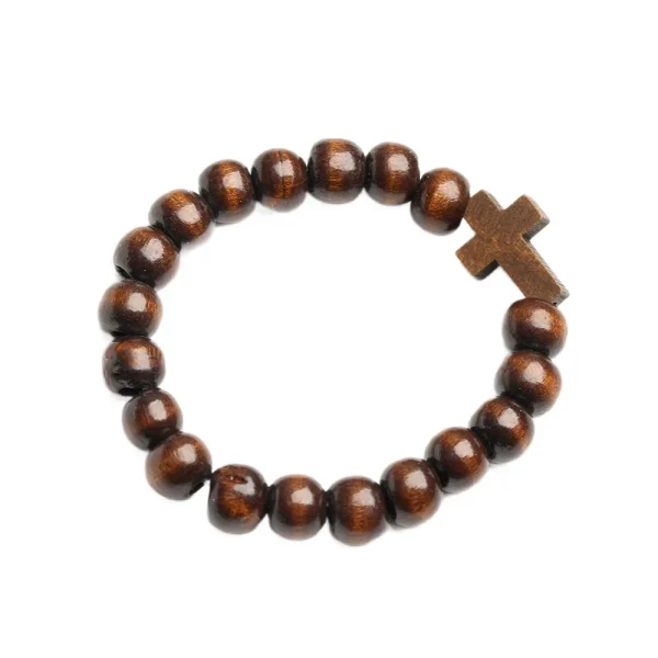 New natural wooden bead cross bracelet, brown wooden cross pendant, retro rosary bracelet.