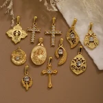 Wholesale Stainless Steel Rhinestone Pendant Gold Plated Vintage Cross Carved DIY Jewelry Accessories