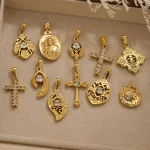 Wholesale Stainless Steel Rhinestone Pendant Gold Plated Vintage Cross Carved DIY Jewelry Accessories - Image 2