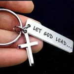 Wholesale Zinc Alloy Cross Keychain Engraved LET GOD LEAD Religious Bag Charm - Image 4
