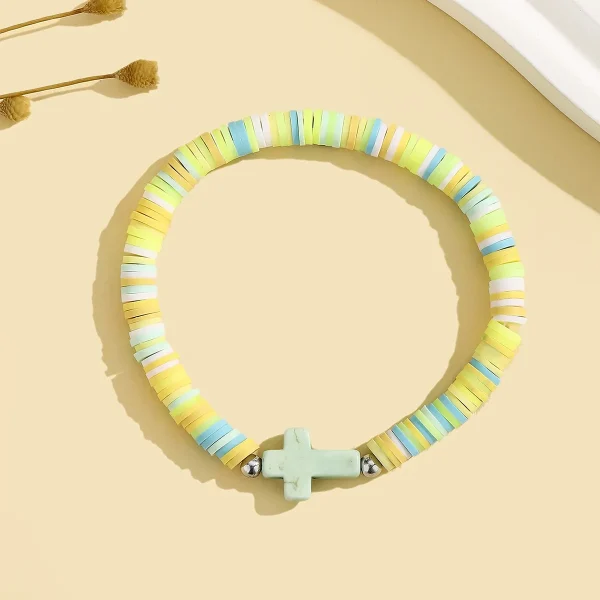 Wholesale Bohemian Turquoise Cross Beaded Stretch Bracelet Acrylic Resin Lucite Elastic Adjustable Unisex