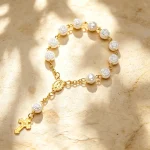 Catholic Gifts Beaded Rosary Bracelet with Gold Plated Virgin Mary Medal and Cross Crucifix Pendant