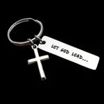 Wholesale Zinc Alloy Cross Keychain Engraved LET GOD LEAD Religious Bag Charm