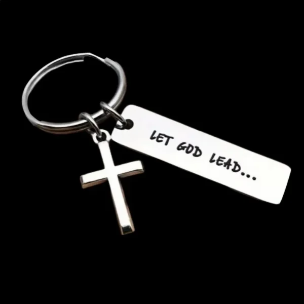 Wholesale Zinc Alloy Cross Keychain Engraved LET GOD LEAD Religious Bag Charm