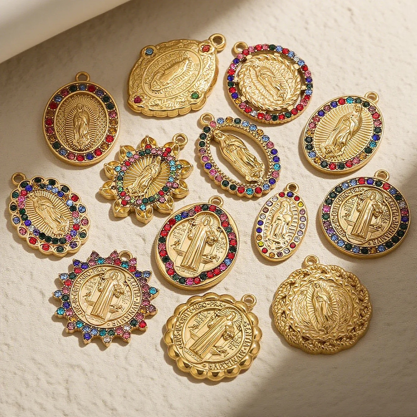 H10f1248fa58449c29143a1bc49799978s Wholesale Stainless Steel Gold Plated Colorful Rhinestone Oval Pendant Charm Set Vintage DIY Jewelry Accessories - Image 1
