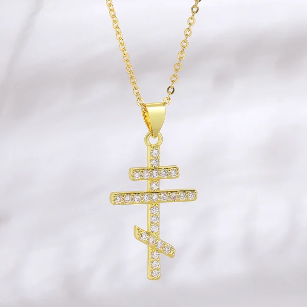 Wholesale Copper Gold Plated Orthodox Cross Pendant Necklace Men Zircon Collarbone Chain Jewelry