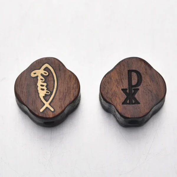 Wholesale Wood Carved Copper Inlay Pendant Charm Necklace DIY Rosary Accessories
