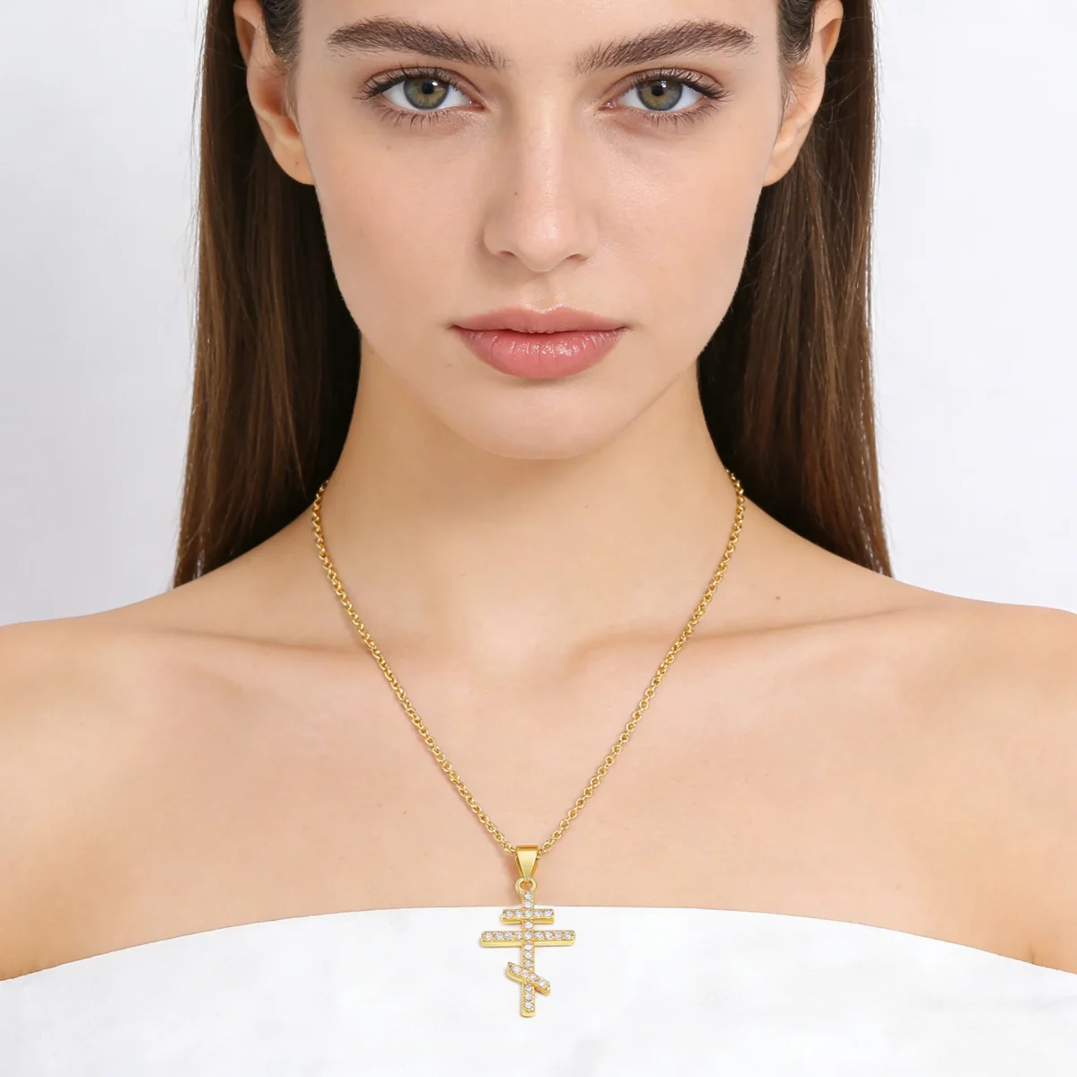 Wholesale Copper Gold Plated Orthodox Cross Pendant Necklace Men Zircon Collarbone Chain Jewelry - Image 2