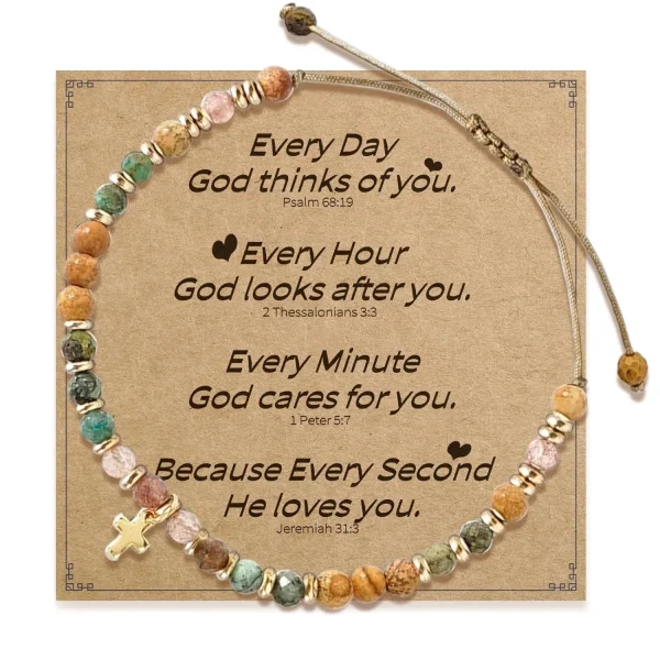 Girls Hot Selling Natural Stone Beaded Gold Plated Pendant Cross Bracelet Handmade Woven Religious Jewelry