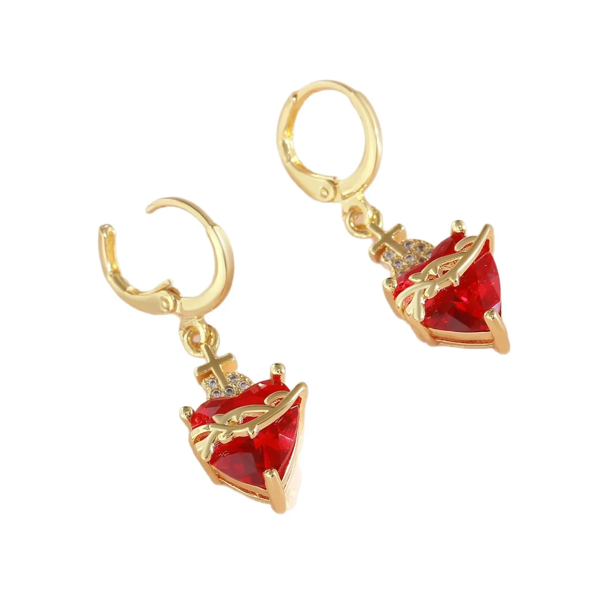 Wholesale Vintage Red Heart Zircon Pendant Earrings Gothic Cross Flame Thorn Copper Plated Zinc Alloy Jewelry - Image 5