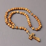 Catholicism 10mm Pine Wood Imitation Olive Cross Rosary Hollow Pendant Ornament Knotted Beads Metal Crafts Jewelry Wholesale - Image 6