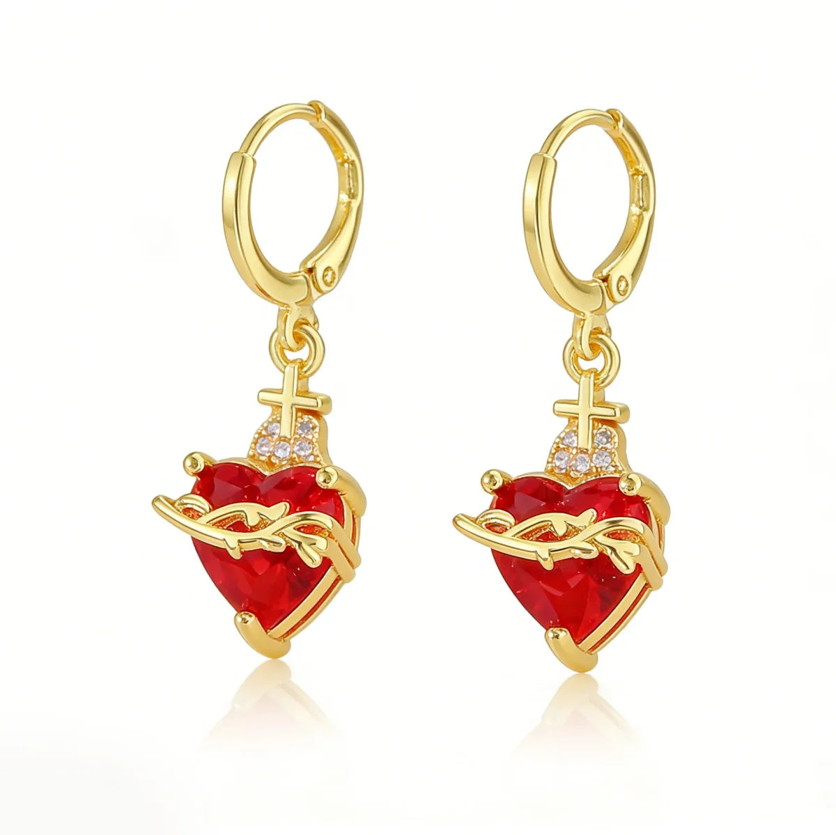Wholesale Vintage Red Heart Zircon Pendant Earrings Gothic Cross Flame Thorn Copper Plated Zinc Alloy Jewelry - Image 3