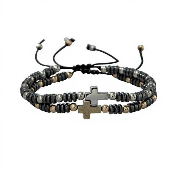 Trendy Fashion Unisex Hematite Cross Gold Silver Beaded Adjustable Bangles Black Ironstone Beads Bracelet Couple Gift