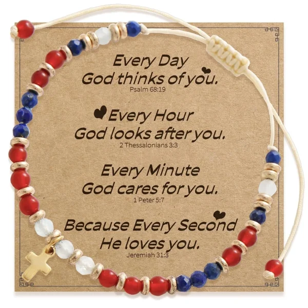 Girls Hot Selling Natural Stone Beaded Gold Plated Pendant Cross Bracelet Handmade Woven Religious Jewelry
