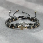 Trendy Fashion Unisex Hematite Cross Gold Silver Beaded Adjustable Bangles Black Ironstone Beads Bracelet Couple Gift - Image 4
