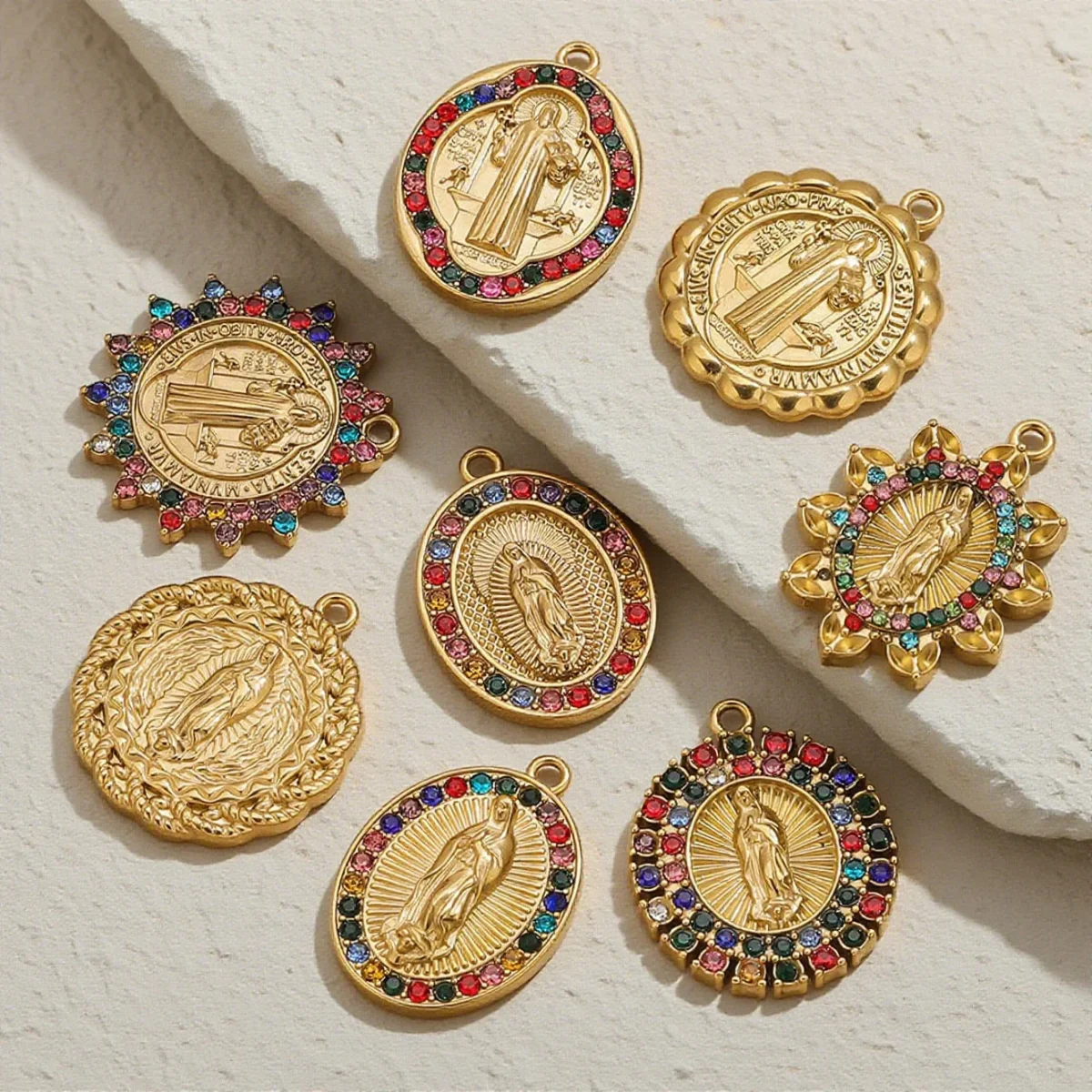 Wholesale Stainless Steel Gold Plated Colorful Rhinestone Oval Pendant Charm Set Vintage DIY Jewelry Accessories - Image 3