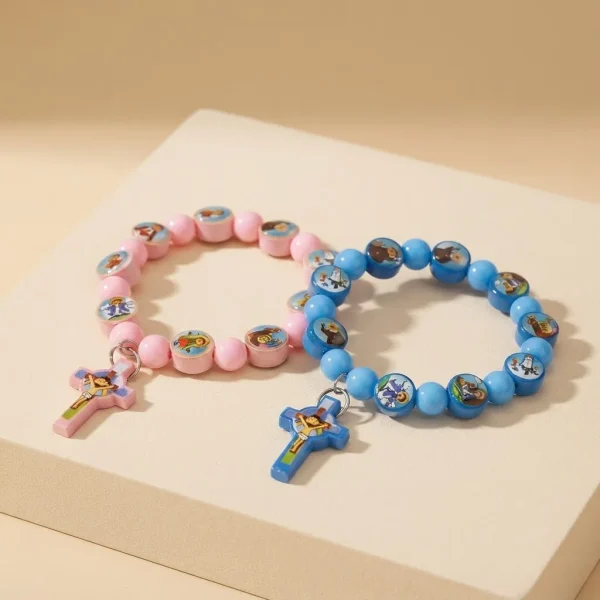 First Communion Bracelet for Kids Pink Blue Acrylic Beaded Sticker Saints Religious Baptism Jesus Cross
