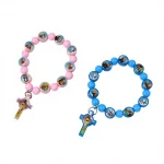 First Communion Bracelet for Kids Pink Blue Acrylic Beaded Sticker Saints Religious Baptism Jesus Cross - Image 2