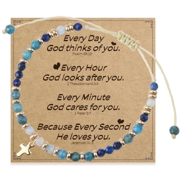 Girls Hot Selling Natural Stone Beaded Gold Plated Pendant Cross Bracelet Handmade Woven Religious Jewelry