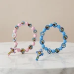 First Communion Bracelet for Kids Pink Blue Acrylic Beaded Sticker Saints Religious Baptism Jesus Cross - Image 3