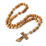Catholicism 10mm Pine Wood Imitation Olive Cross Rosary Hollow Pendant Ornament Knotted Beads Metal Crafts Jewelry Wholesale
