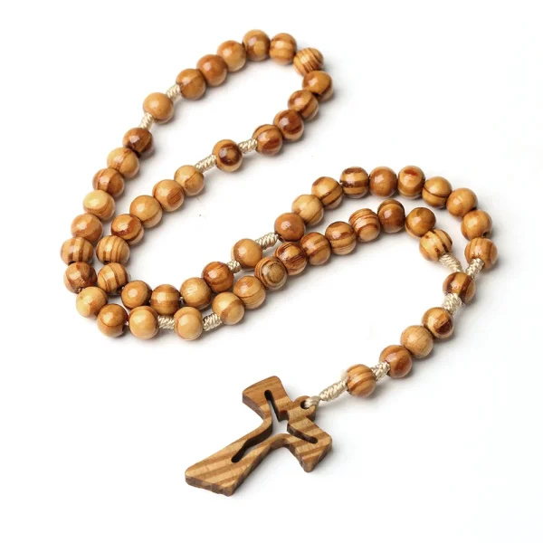 Catholicism 10mm Pine Wood Imitation Olive Cross Rosary Hollow Pendant Ornament Knotted Beads Metal Crafts Jewelry Whole