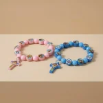First Communion Bracelet for Kids Pink Blue Acrylic Beaded Sticker Saints Religious Baptism Jesus Cross - Image 4