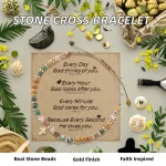 Girls Hot Selling Natural Stone Beaded Gold Plated Pendant Cross Bracelet Handmade Woven Religious Jewelry - Image 3