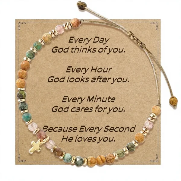 Girls Hot Selling Natural Stone Beaded Gold Plated Pendant Cross Bracelet Handmade Woven Religious Jewelry
