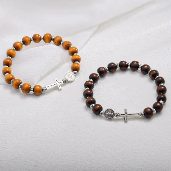 Wholesale Wooden Round Cross Elastic Bracelet Catholic Religious Beaded Charm Bracelet Unisex Jewelry Accessories
