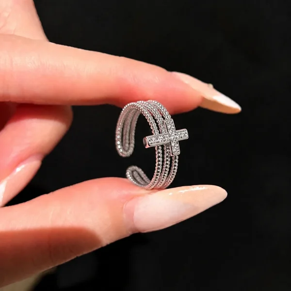 Wholesale Zinc Alloy Rhinestone Cross Open Ring Geometric High End Adjustable Finger Ring Fashion Jewelry Women Unisex